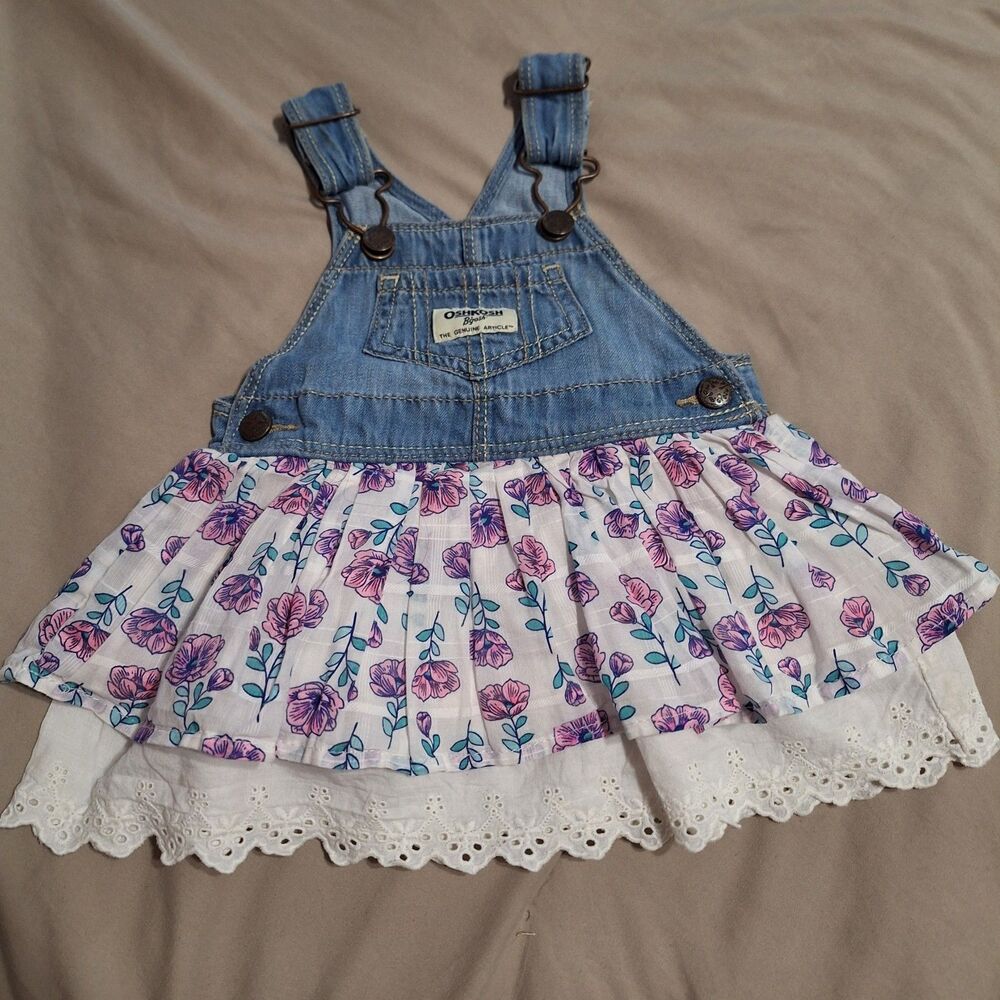 OshKosh B'gosh Girls Floral Overall Dress Size 3-6M Denim Embroidered Lace